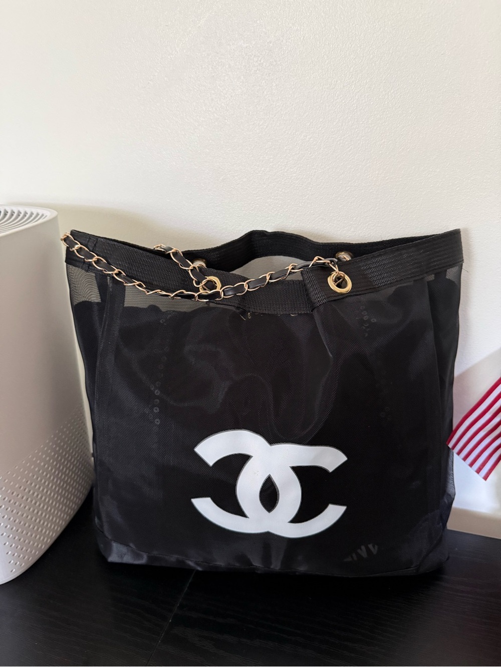 Black Tote Bag with Interlocking Logo and Chain Strap